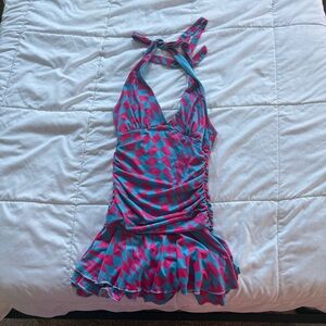 Halter Vibrant Dolls Kill Rave / Raver mini dress in Blue & pink